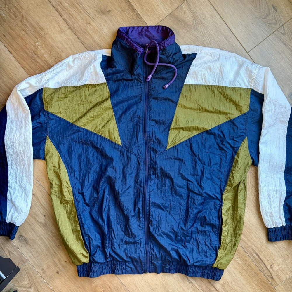 VTG XL Gorpcore Active Wear 90s Colorblock Nylon Windbreaker Jacket Navy Green